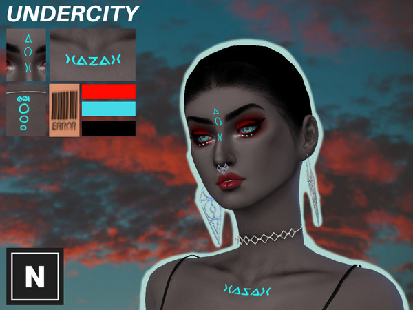 Sims 4 — netsims 'undercity' - tattoo set by networksims — 4 sci fi themed tattoos; 1: A back tattoo of an id number and