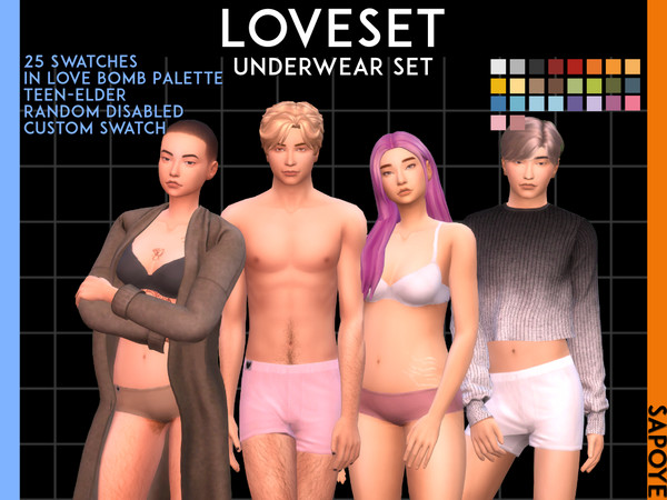 Sims 4 — [SAPOYE] Loveset Underwear Set by Sapoye — 25 Swatches (LoveBomb Palette by ayoshi) Teen-Elder Random Disabled