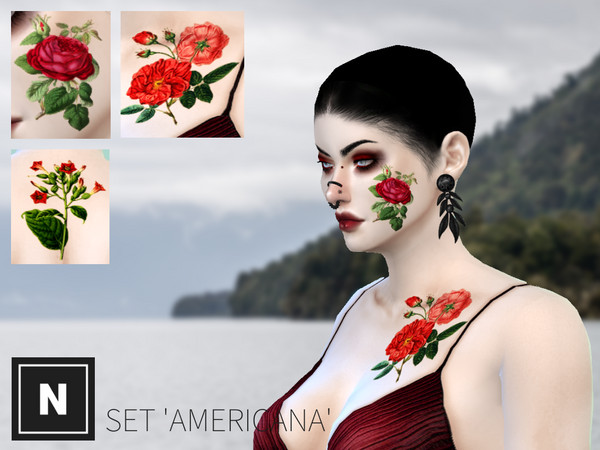 Sims 4 — netsims 'americana' - tattoo set by networksims — 3 tattoos of red flowers and plants