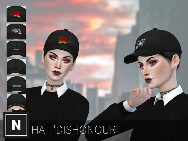Sims 4 — netsims - dishonour - hat by networksims — A black cap with six designs, including roses and text.