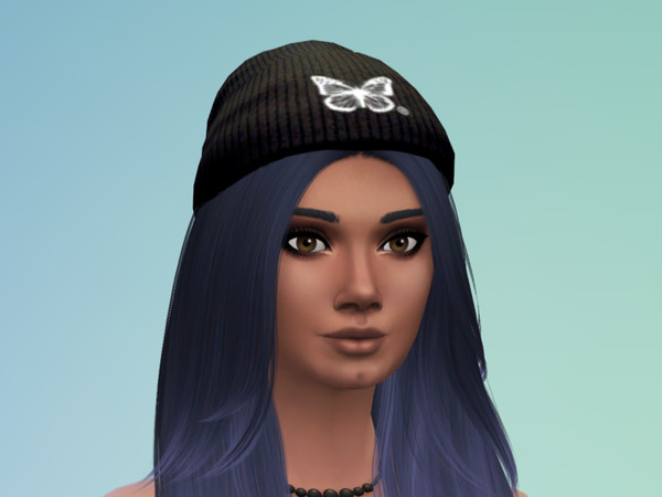 Sims 4 —  by Palaceen — Made from in game mesh. A black beanie with a white butterfly logo. Designed by Halsey and her
