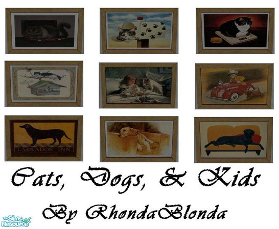 Sims 2 — Cats, Dogs, and Kids by RhondaBlonda — A set of paintings with cats, dogs, and kids. All paintings in this set