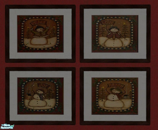 Sims 2 — Peace, Love, Faith, & Joy Painting by RhondaBlonda — 4 Snowmen, found under 4 Vegtables in repose painting.
