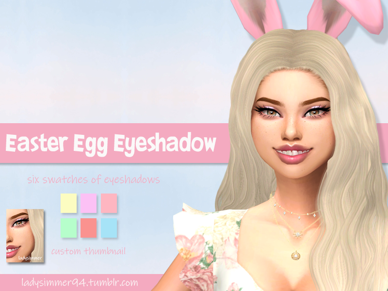 A female sim wearing the easter egg eyeshadow created by ladysimmer94