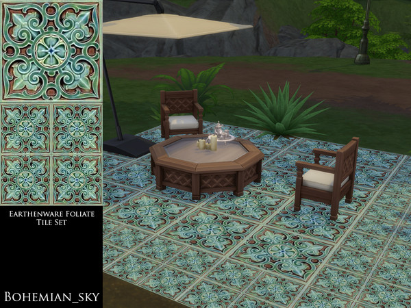 Sims 4 — Earthenware Foliate 4-Tile by Bohemian_sky — Handcrafted earthenware tiles glazed with beautiful turquoise over