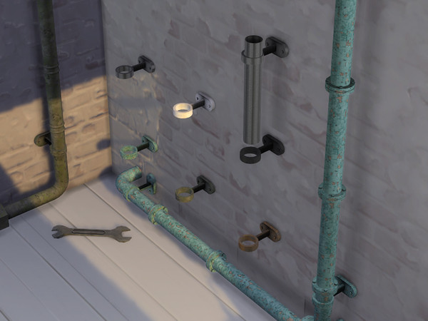 Sims 4 — Vertical Pipe Support Bracket by Cyclonesue — A 1 x 1 section of pipe decor from my pipe sets. Comes in 6 nice