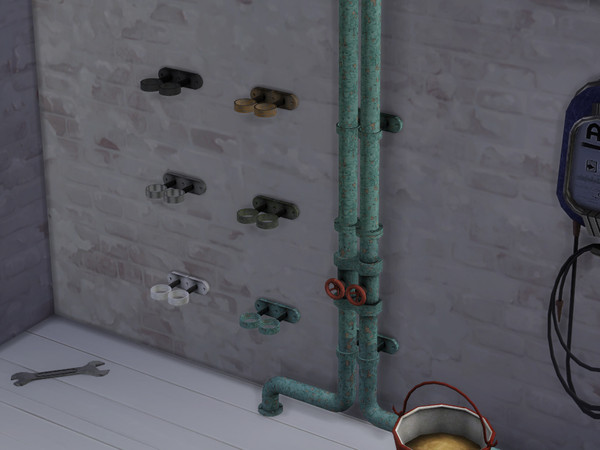 Sims 4 — Double Pipe Support Bracket by Cyclonesue — A 1 x 1 section of pipe decor from my pipe sets. Comes in 6 nice and