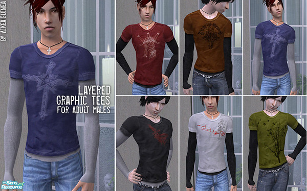 Sims 2 — Layered Graphic T-Shirts for Males by aikea_guinea — Set of six layered graphic T-shirts for adult males. Long