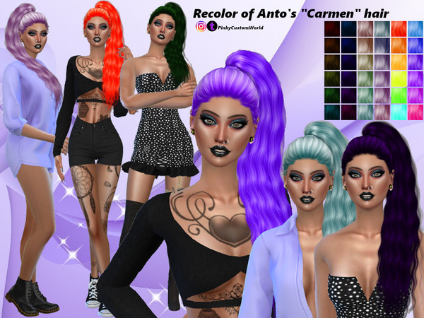 Sims 4 — Retexture of Carmen hair by Anto by PinkyCustomWorld — Recolor in 36 different colors Custom Thumbnail
