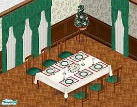 Sims 1 — Green Christmas Dinner Set by capricce — Includes a dinner table all set for Christmas, a chair, curtains and a