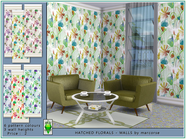 Sims 4 — Hatched Florals - Walls by marcorse by marcorse — Abstract floral design with a cross-hatched background 6