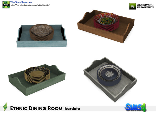 Sims 4 — kardofe_Ethnic Dining Room_Tray by kardofe — Wooden tray with a pile of dishes inside, in four different options