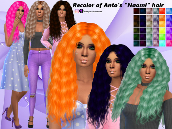 Sims 4 — Retexture of Naomi hair by Anto by PinkyCustomWorld — Recolor in 36 different colors Custom Thumbnail