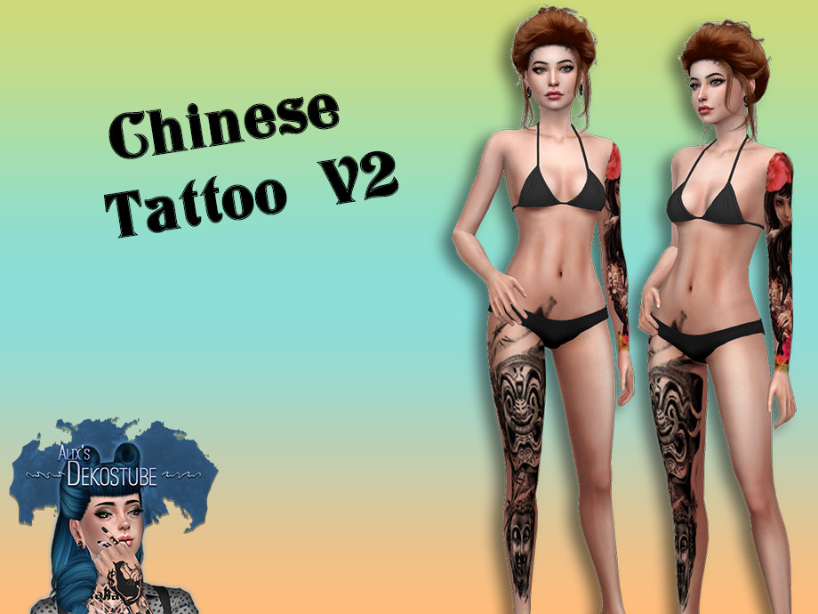 A bikini wearing female sim with a chinese tattoo on her right leg and left arm in sims 4. 