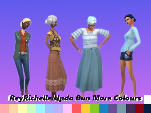 Sims 4 — Updo Bun Hair; More Colours by Reyrichelle — 18 new colour options for the Base game hair style Updo Bun. This