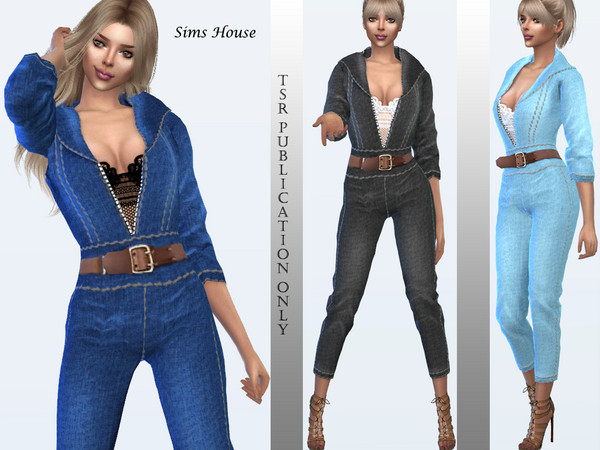 The Sims Resource - Women's denim overalls with a brown belt