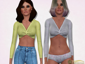 Sims 3 — Knot Front Long Sleeve Crop Top by Harmonia — 3 color. recolorable Please do not use my textures. Please do not