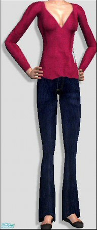 Sims 2 — V Neck Thermals [Pink] by Lola — 8 Various Colours Of V Neck Jumpers, With Dark Denim Jeans And Black Flats.