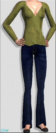 Sims 2 — V Neck Thermals [Sage] by Lola — 8 Various Colours Of V Neck Jumpers, With Dark Denim Jeans And Black Flats.