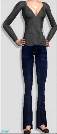 Sims 2 — V Neck Thermals [Black] by Lola — 8 Various Colours Of V Neck Jumpers, With Dark Denim Jeans And Black Flats.