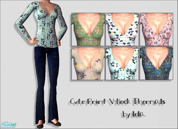 Sims 2 — Cute V Neck Thermals by Lola — 6 Different Patterned Long Sleeved V Neck Thermal Jumpers Teamed With Dark Denim