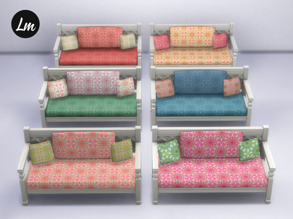 Sims 4 — Boho Loveseat by Lucy_Muni — Wooden loveseat in 6 swatches Sims 4 basegame retexture