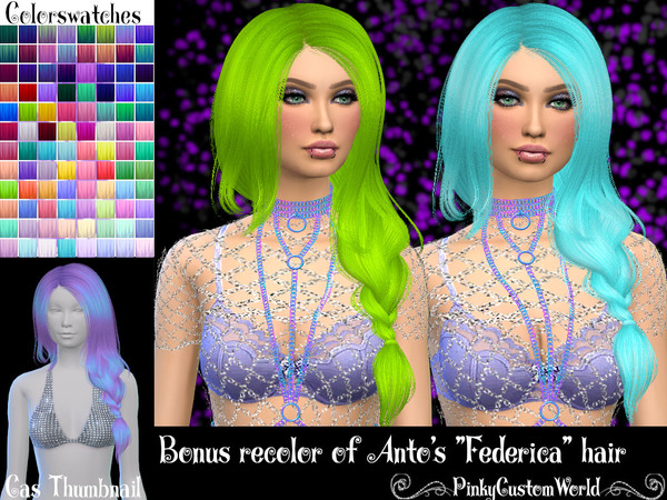 Sims 4 — Bonus retexture of Federica hair by Anto by PinkyCustomWorld — - Recolor in 96 different colors - Custom