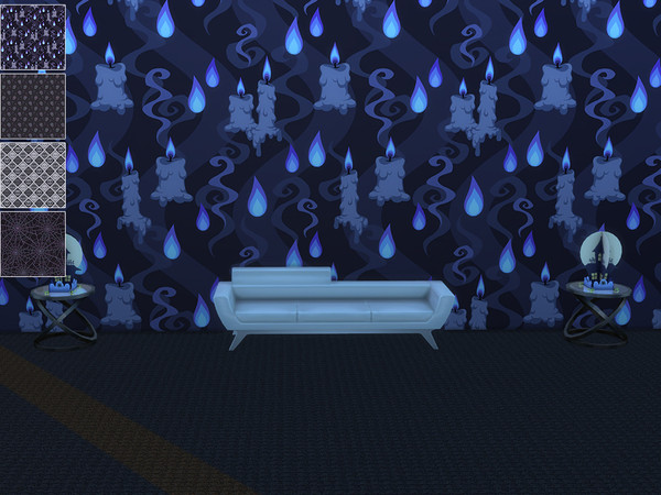 Sims 4 — Halloween Walls by Xroulen — Halloween Wallpaper In 4 Swatches And 3 Wall Heights