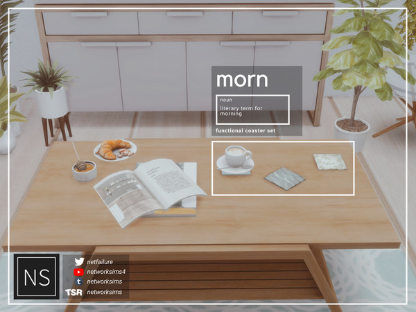 Sims 4 — Morn Coasters - Networksims by networksims — 9 small coasters in 6 designs each. Includes a slot for small
