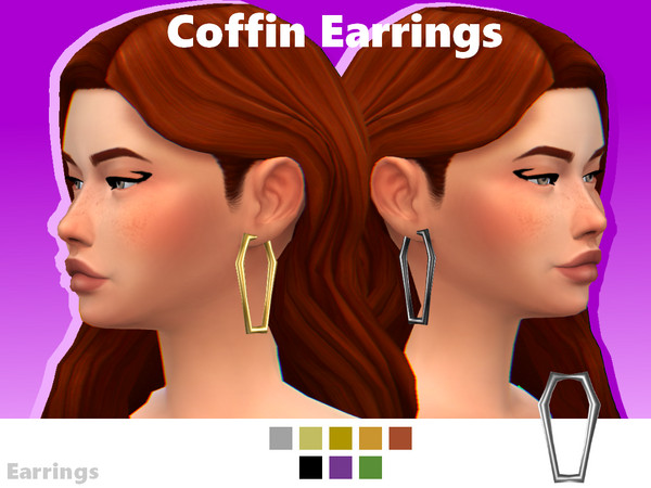 Sims 4 — Coffin Earrings by EvaDotG — ~5 metallic swatches. ~3 extra swatches (black, Purple, Green).