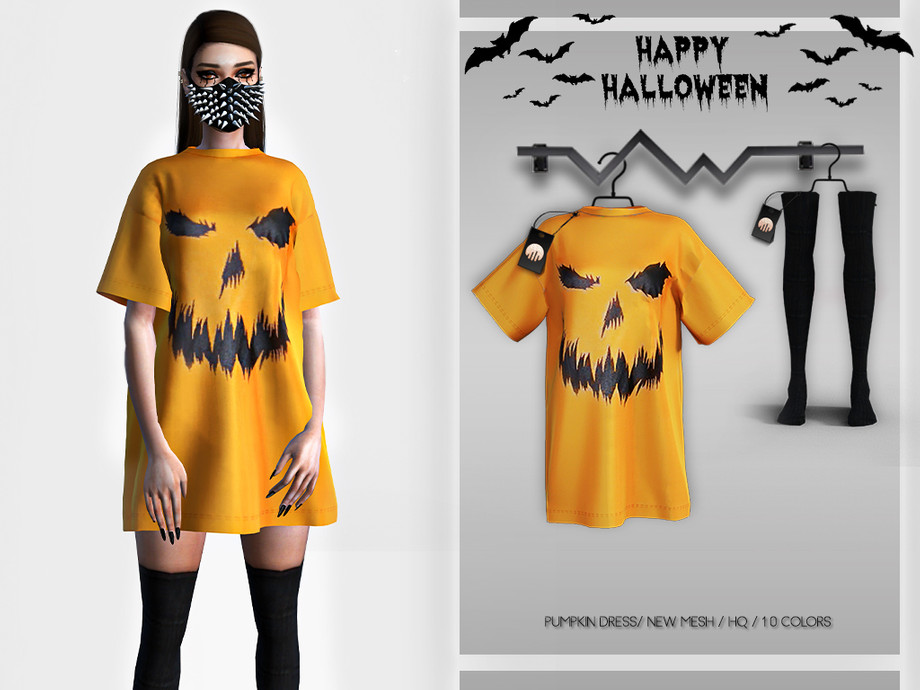 Sims 4 — Pumpkin Dress BD351 by busra-tr — 10 colors Adult-Elder-Teen-Young Adult For Female Custom thumbnail -Compatible