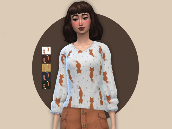 Sims 4 — Fox Print Sweater - Tiny Living by MariekGaming — A fox printed, cozy, autumn or winter sweater. Comes in white,