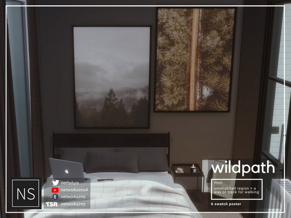 Sims 4 — Wildpath Framed Posters - Networksims by networksims — 6 wilderness-themed posters in a thin black frame.