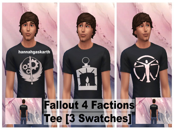Sims 4 — Fallout 4 Factions Tee [Male] by hannahgaskarth2 — A basic black tee with 3 swatches of the different factions