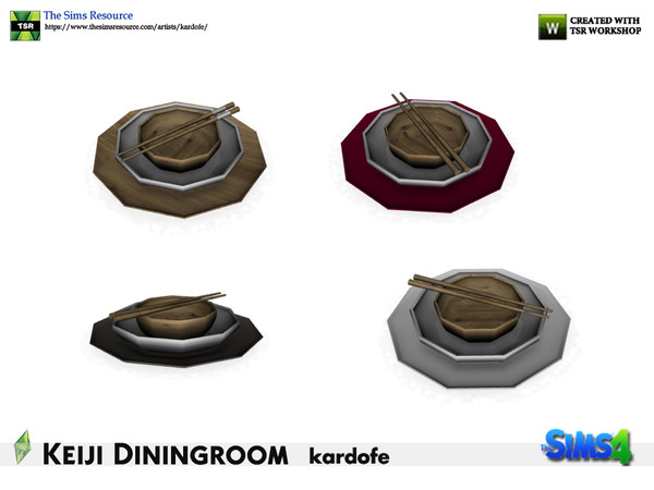 Sims 4 — kardofe_Keiji Diningroom_Dishes by kardofe — Group of plates with chopsticks on top, in four colour options 