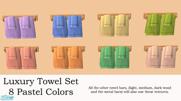 Sims 2 — Luxury Towels in Pastel Colors by RockinRobin — This set comes with 8 sets of towels in designer pastel colors.