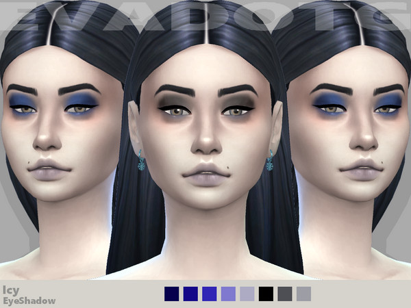 Sims 4 — ICY eyeshadow by EvaDotG — ~5 blue tone swatches. ~3 black / gray swatches.