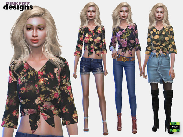 Sims 4 — Vintage Flower Tie Top by Pinkfizzzzz — Vintage style top for your stylish sims!!