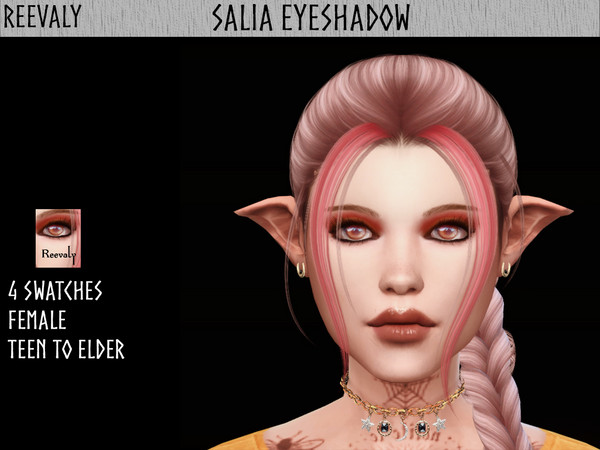 Sims 4 — Salia Eyeshadow by Reevaly — 4 Swatches. Teen to Elder. Female. Base Game compatible. Please do not reupload.