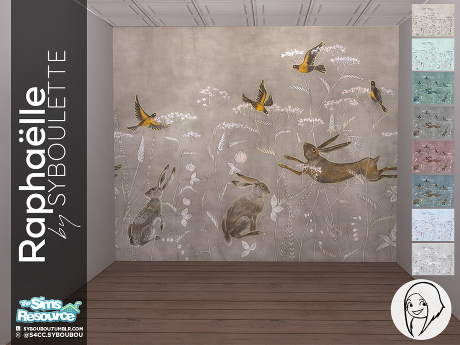 The Sims Resource - Raphaelle - Mural wallpaper with hares and birds