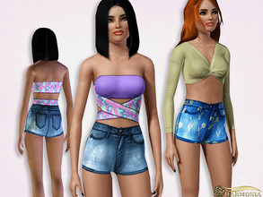 Sims 3 — High Waist Acid Wash Jean Shorts by Harmonia — 3 color. Recolorable Please do not use my textures. Please do not