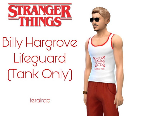 Sims 4 — Billy Hargrove Lifeguard Tank Top by feralrac — A tank top with the logo from the Hawkins Pool on the front. 