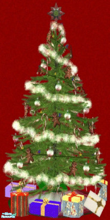 Sims 2 — NK Christmas Tree on Red by MoMama — A red wall is covered with a Christmas tree complete with presents.