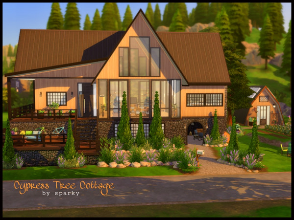 Sims 4 — Cypress Tree Cottage by Sparky — Cypress Tree Cottage is a 2 story family home. Top floor open area living room,