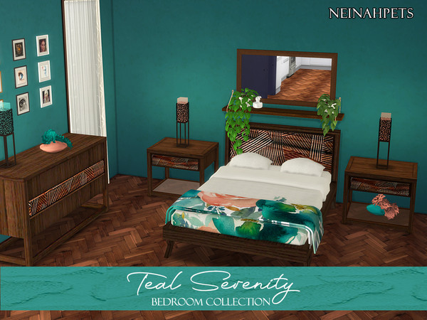 Sims 4 — Teal Serenity Bedroom {Mesh Required} by neinahpets — A recolour of a lovely double bed bedroom suite featuring