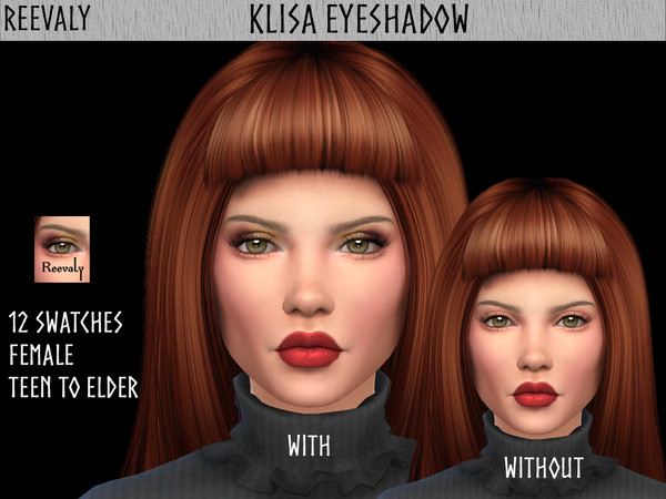 Sims 4 — Klisa Eyeshadow by Reevaly — 12 Swatches. Teen to Elder. For Male and Female. Base Game compatible. Please do