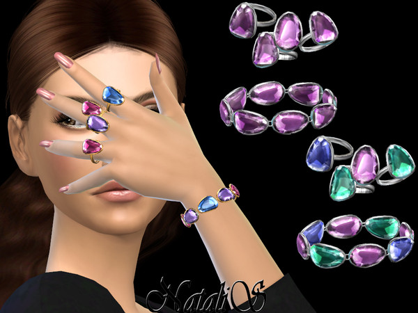 Sims 4 — Mixed color gems bracelet+rings set by Natalis — Mixed color gems jewelry set. 3 items: bracelet+ rings,