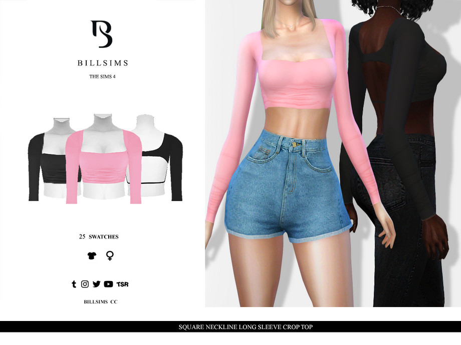 The Sims Resource Square Neckline Long Sleeve Crop Top