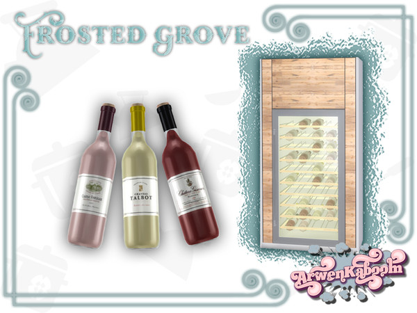Sims 4 — Frosted Grove - Wine Bottle by ArwenKaboom — Base game wine bottle in 3 recolors. Corresponds with wine fridge