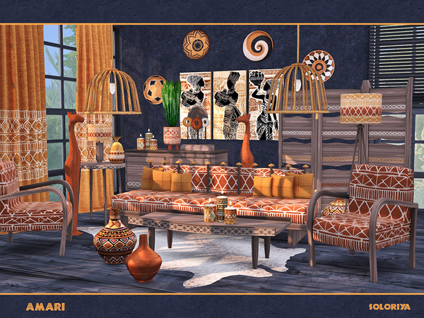 Sims 4 — Amari by soloriya — Ethnic set for your living rooms. Includes 10 objects: --armchair, --coffee table, --end